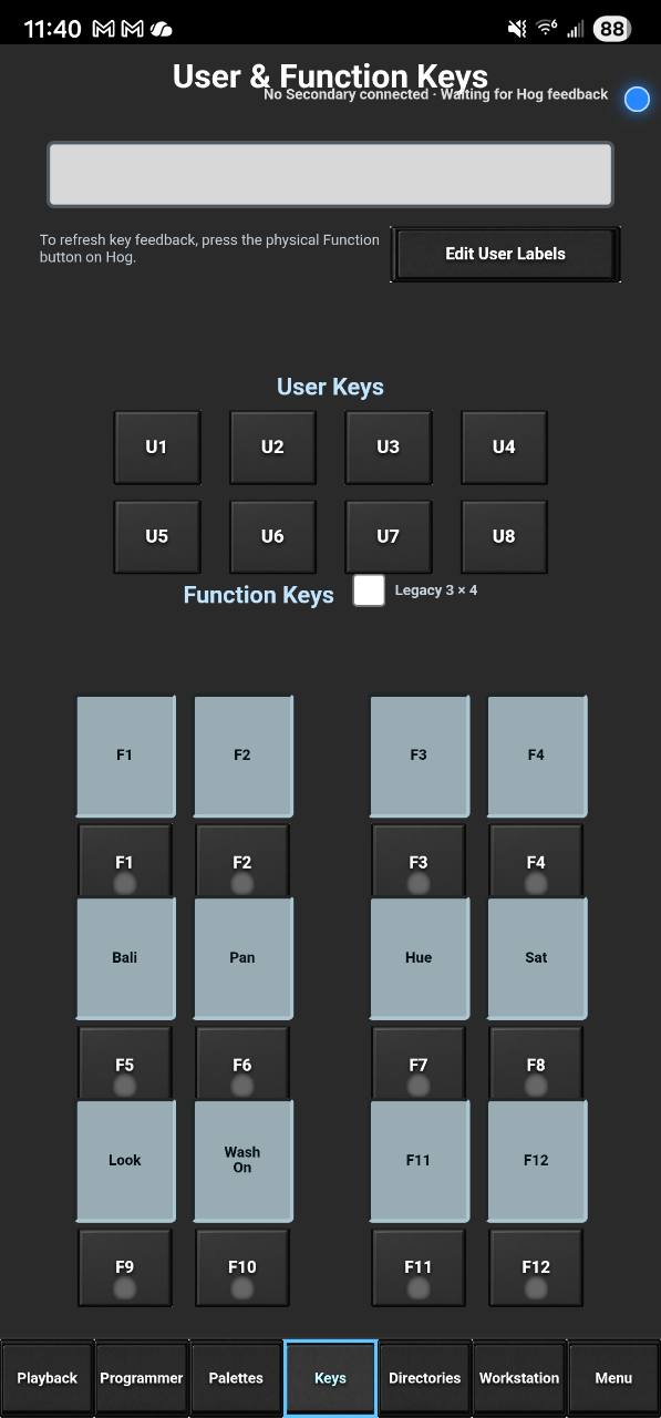 HOG Link User and Function Keys screen with U1 through U8 and labeled function-key buttons