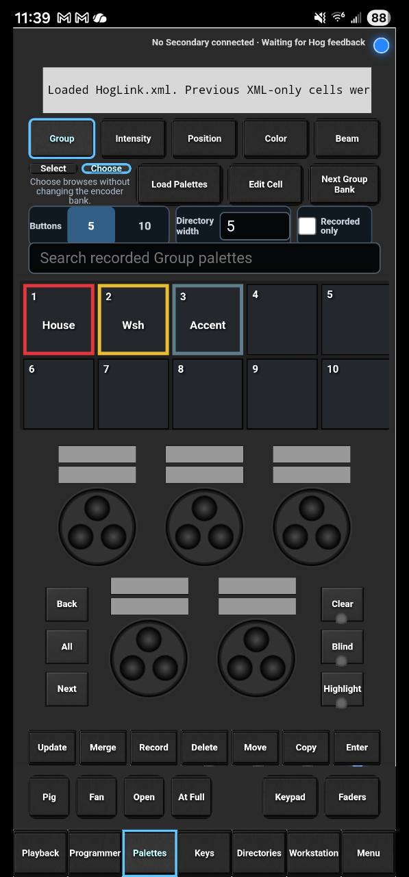 HOG Link Groups and Palettes screen with loaded Hoglink.xml, House, Wash and Accent groups, encoders and programmer controls