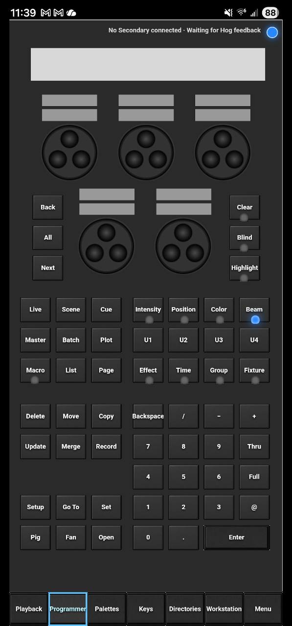 HOG Link Programmer screen with encoders, command keys, numeric keypad, Highlight and Blind