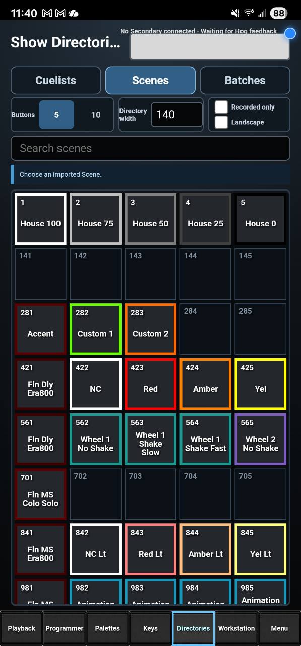 HOG Link Scenes directory with imported House 100, House 75, color and effect scene buttons