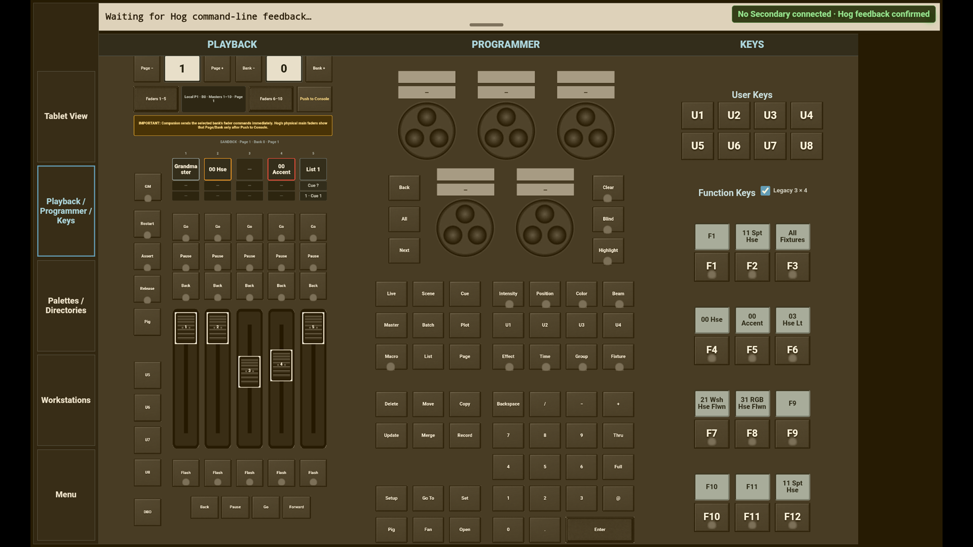 HOG Link tablet layout showing playback faders, programmer encoders, keypad and function keys