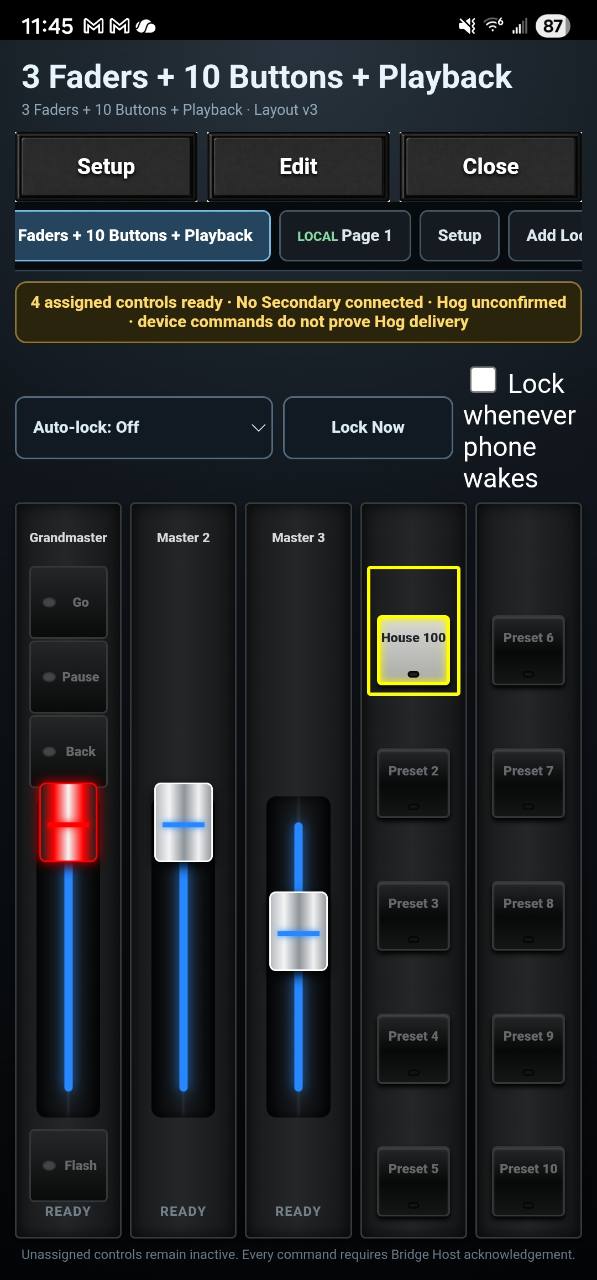 Three-fader Workstation with preset buttons, House 100 assignment, lock controls and Hog unconfirmed warning